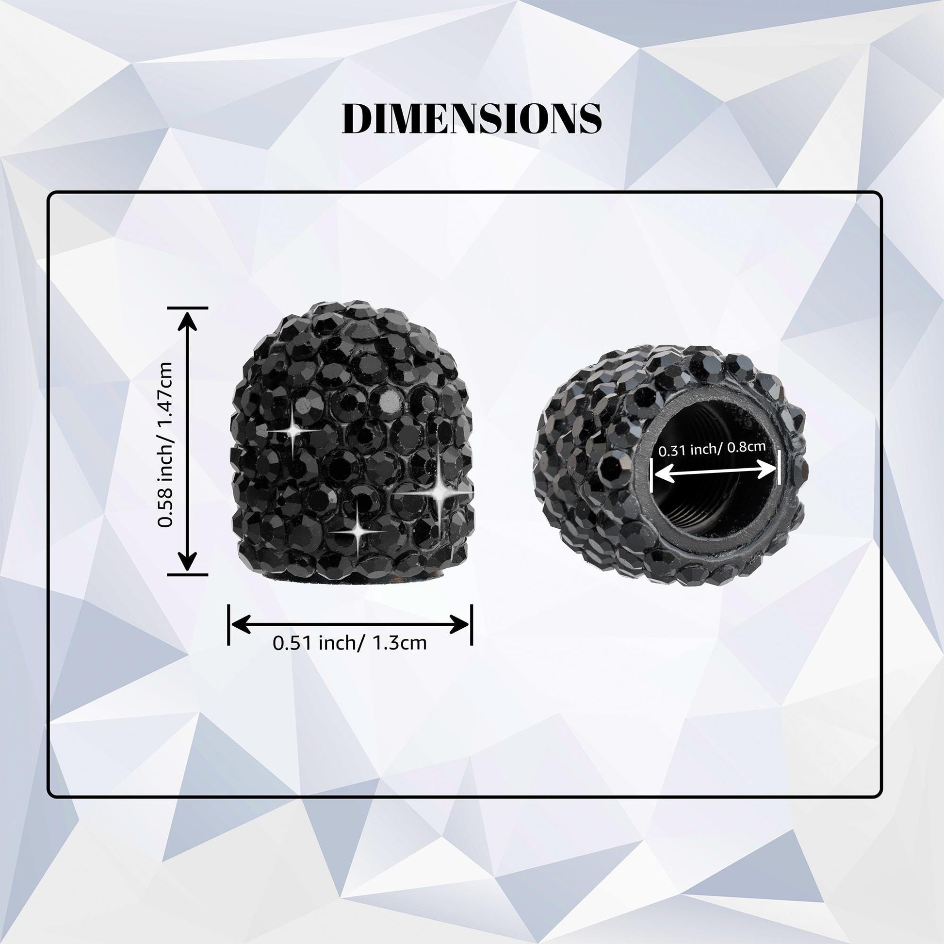 Black rhinestone tire valve caps dimensions showing size and fit
