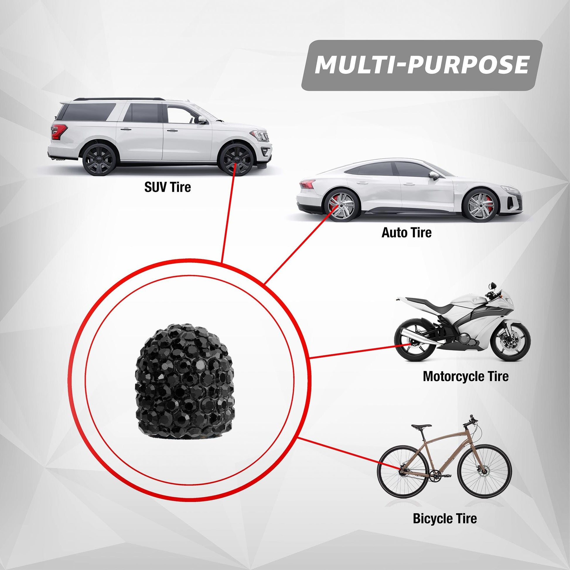Black rhinestone tire valve caps compatible with cars SUVs motorcycles and bikes
