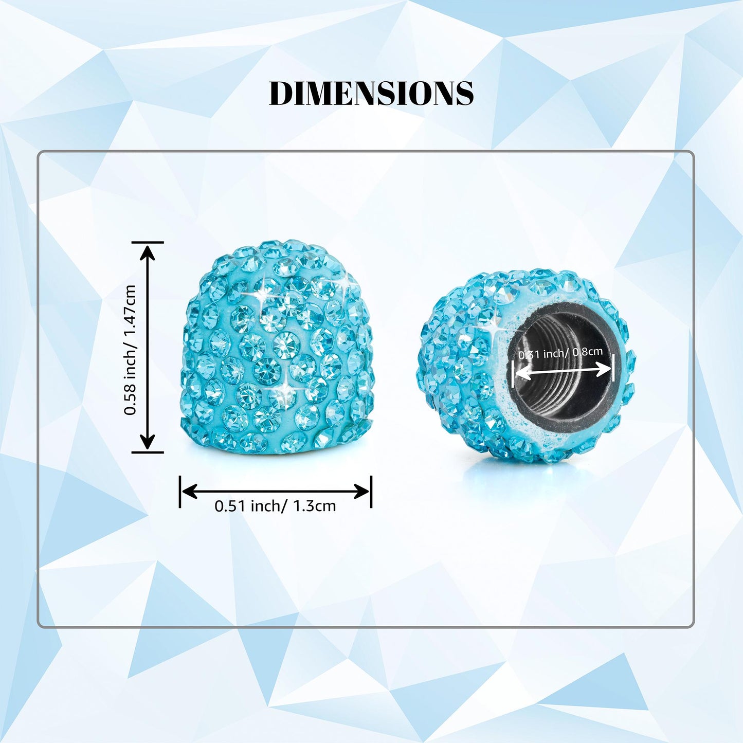 Blue rhinestone tire valve caps dimensions showing size and fit

