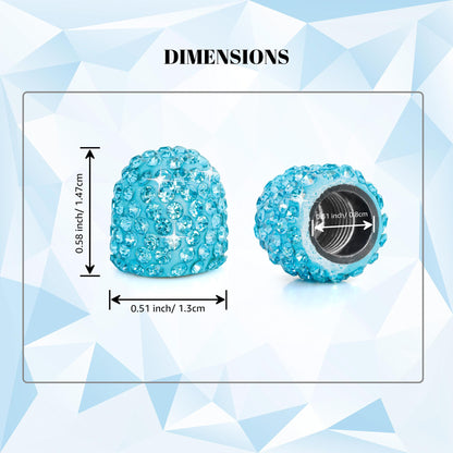Blue rhinestone tire valve caps dimensions showing size and fit
