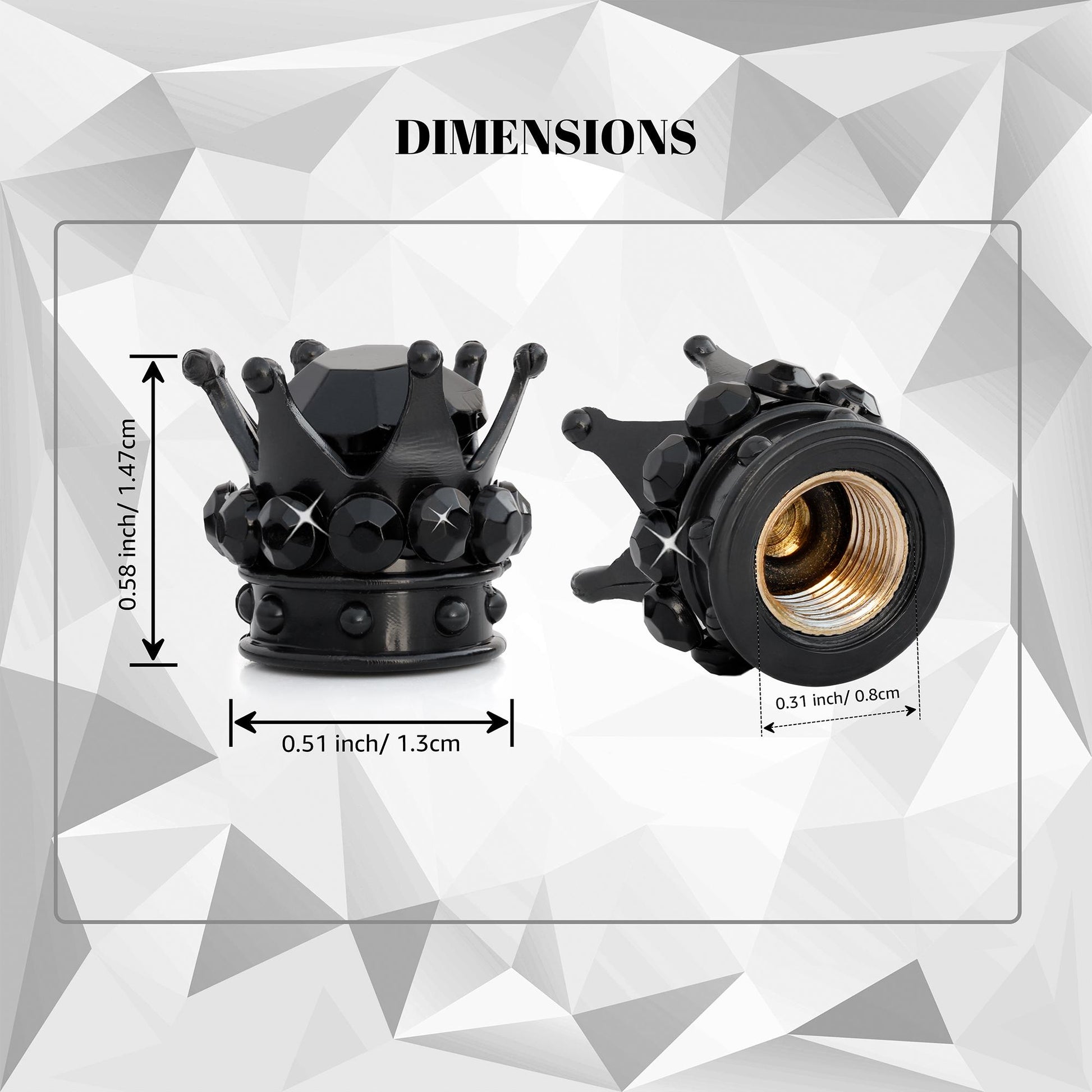 Crown tire valve caps dimensions showing size and fit
