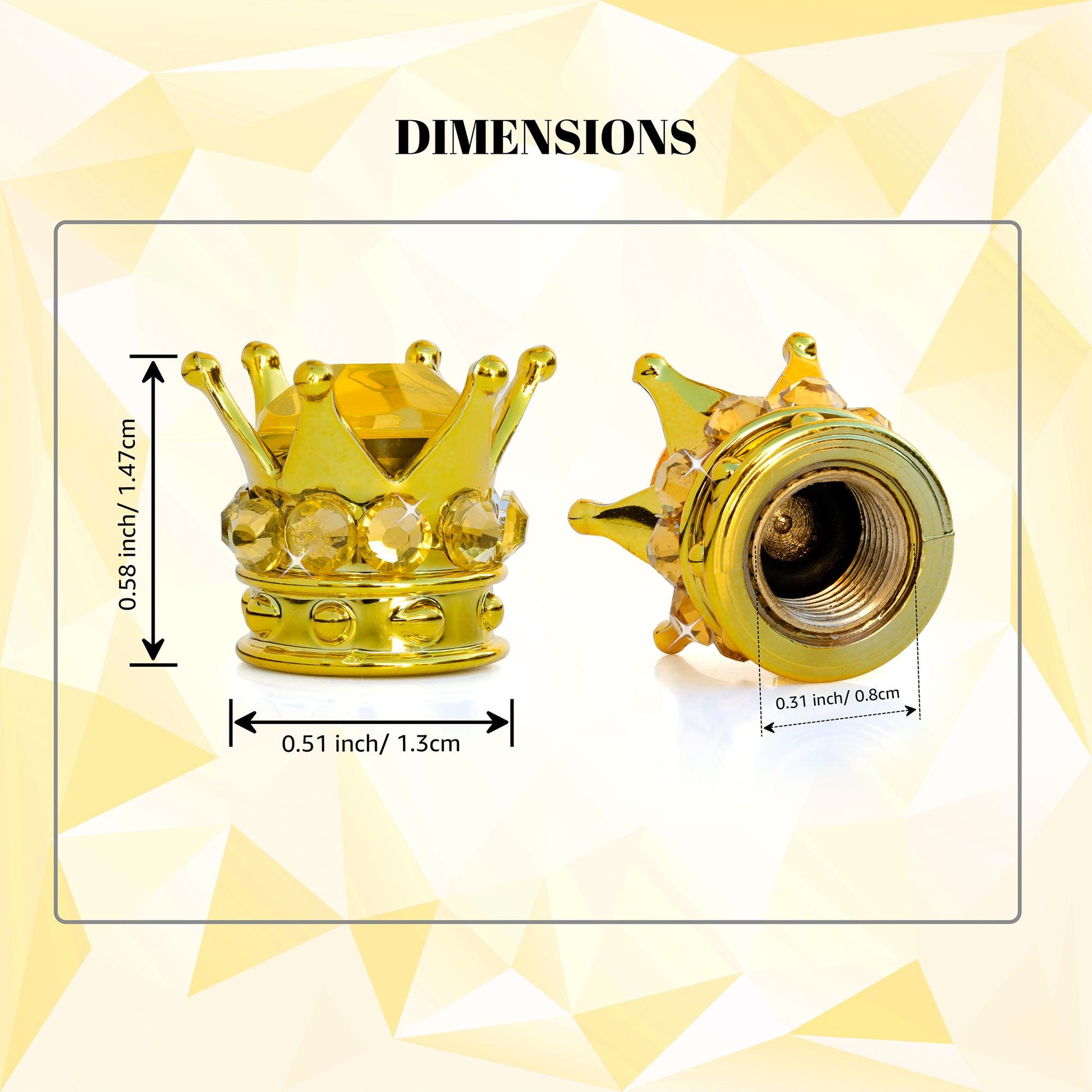 Gold crown tire valve caps dimensions showing size and fit
