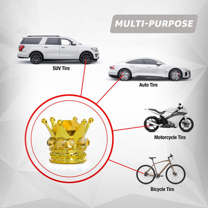 Gold crown tire valve caps compatible with cars SUVs motorcycles and bikes

