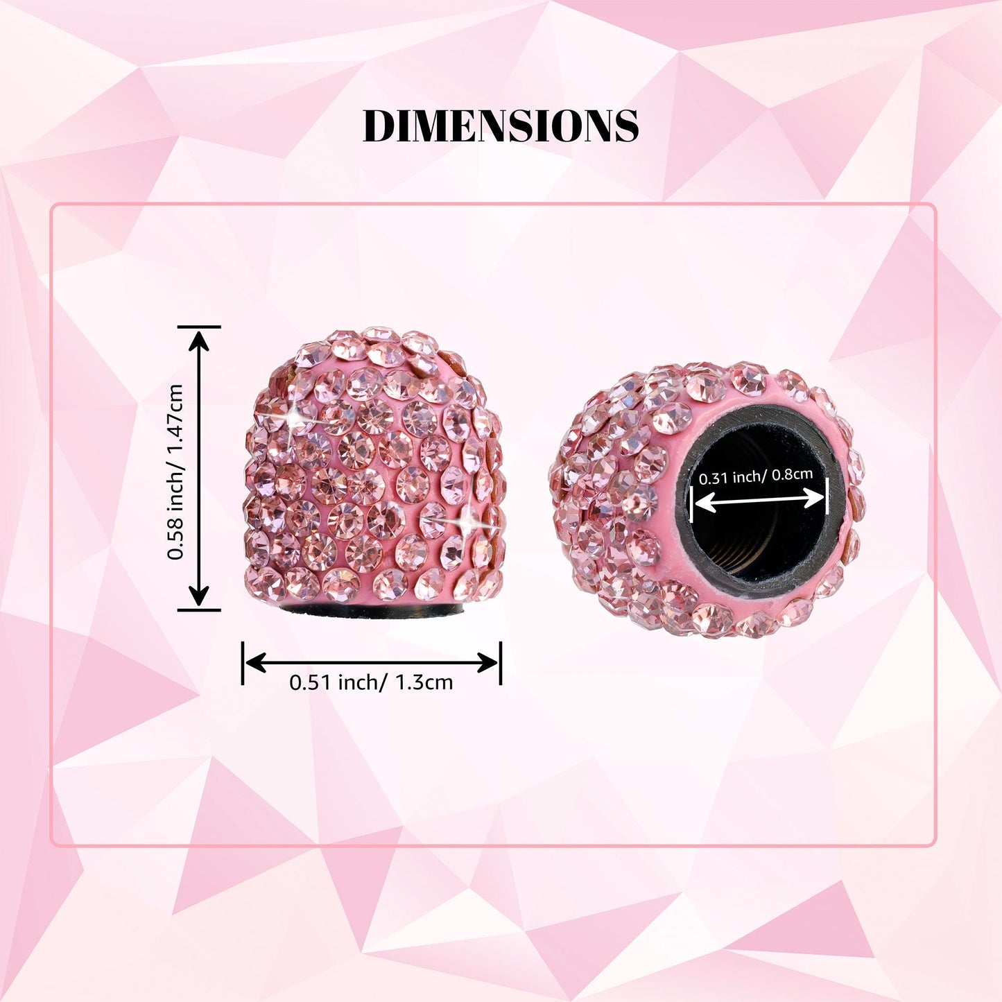 Pink rhinestone tire valve caps dimensions showing size and fit
