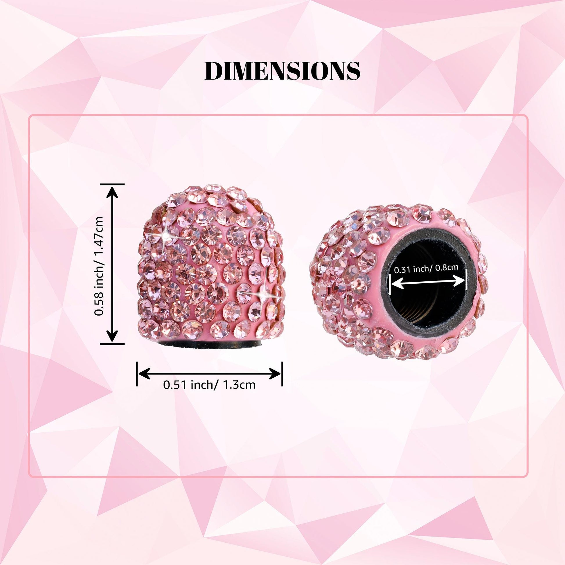 Pink rhinestone tire valve caps dimensions showing size and fit
