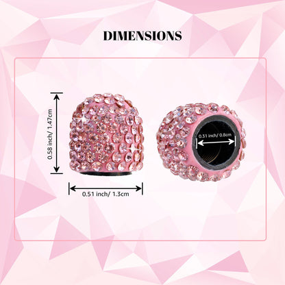 Pink rhinestone tire valve caps dimensions showing size and fit
