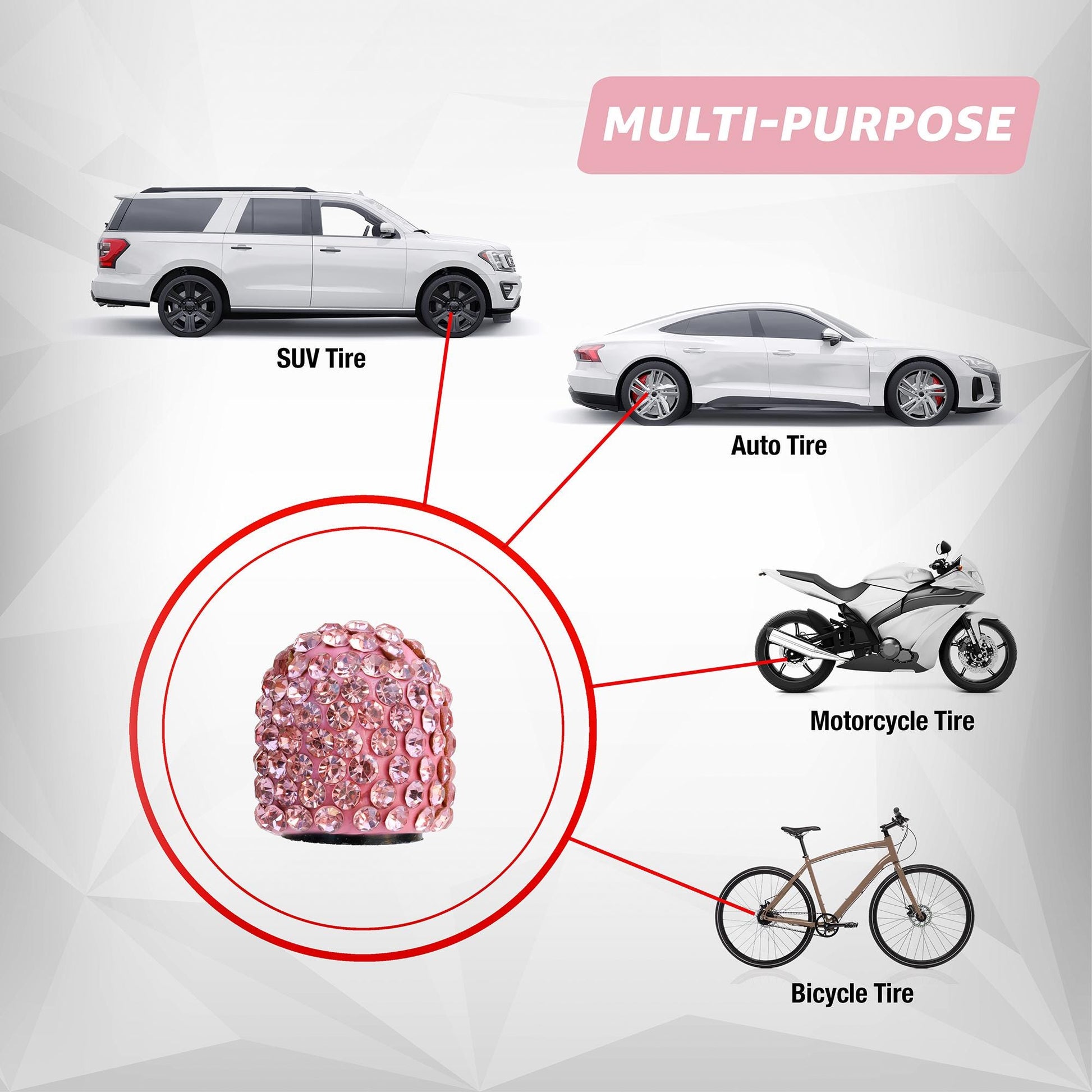 Pink rhinestone tire valve caps compatible with cars SUVs motorcycles and bikes
