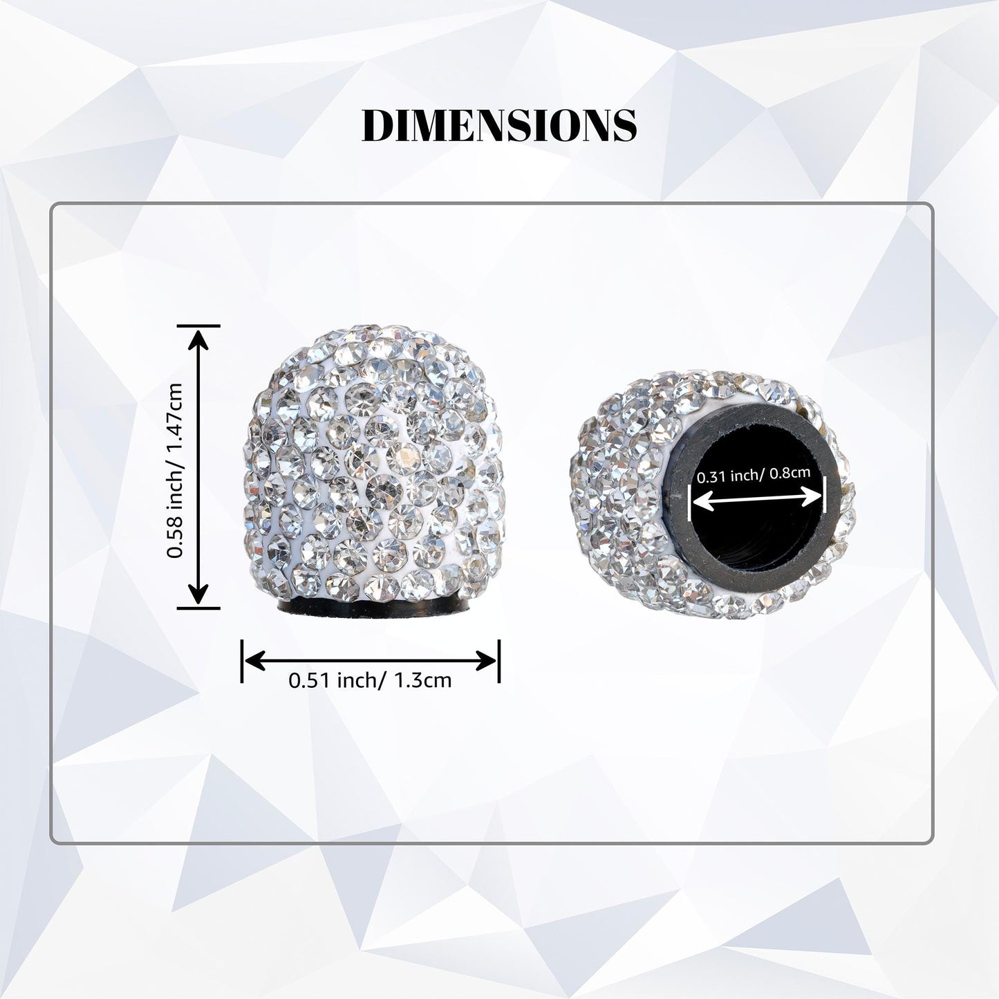 Rhinestone tire valve caps dimensions showing size and fit