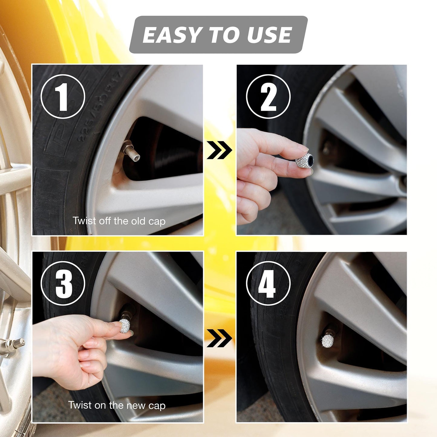 How to install rhinestone tire valve caps in four simple steps