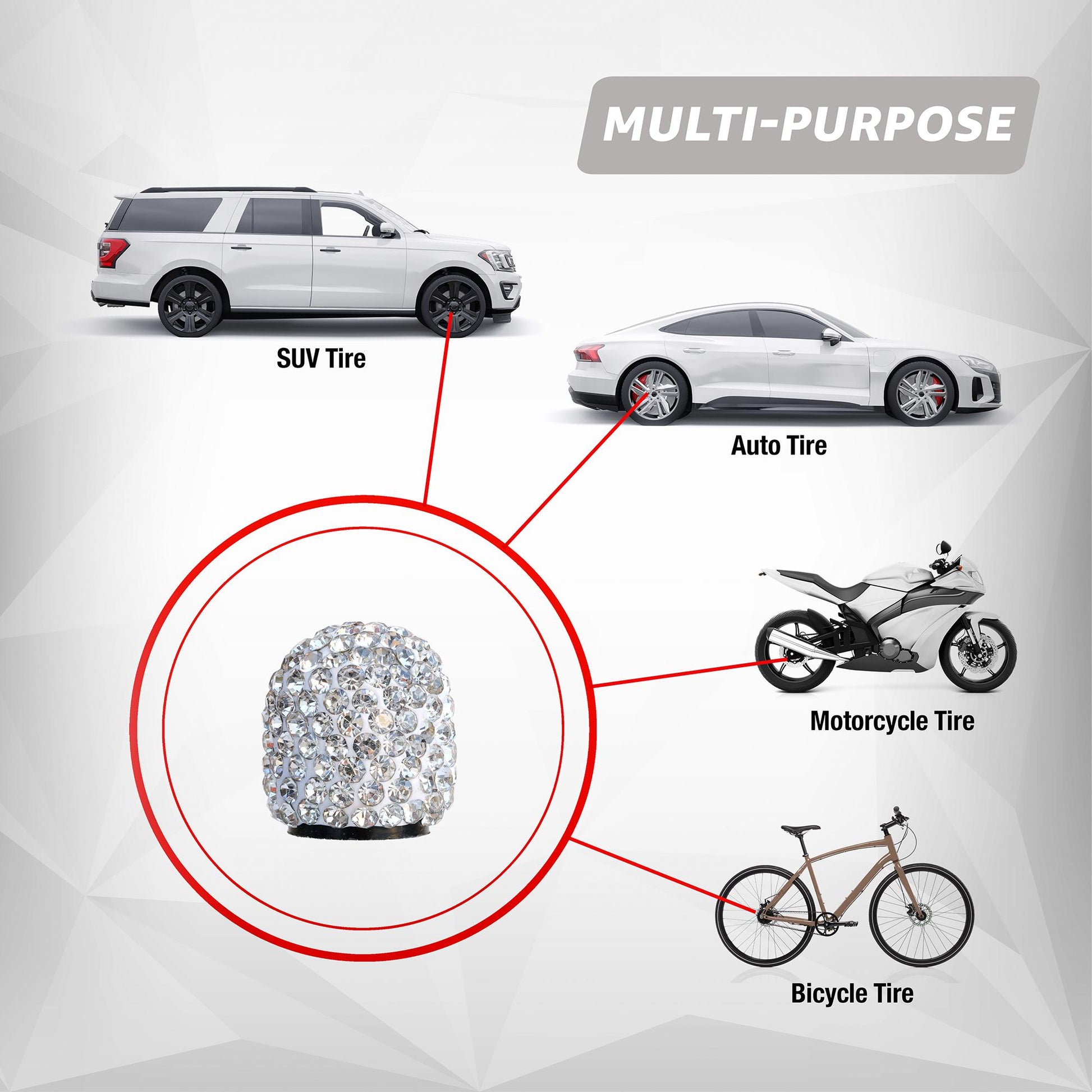 Rhinestone tire valve caps compatible with cars trucks motorcycles and bikes