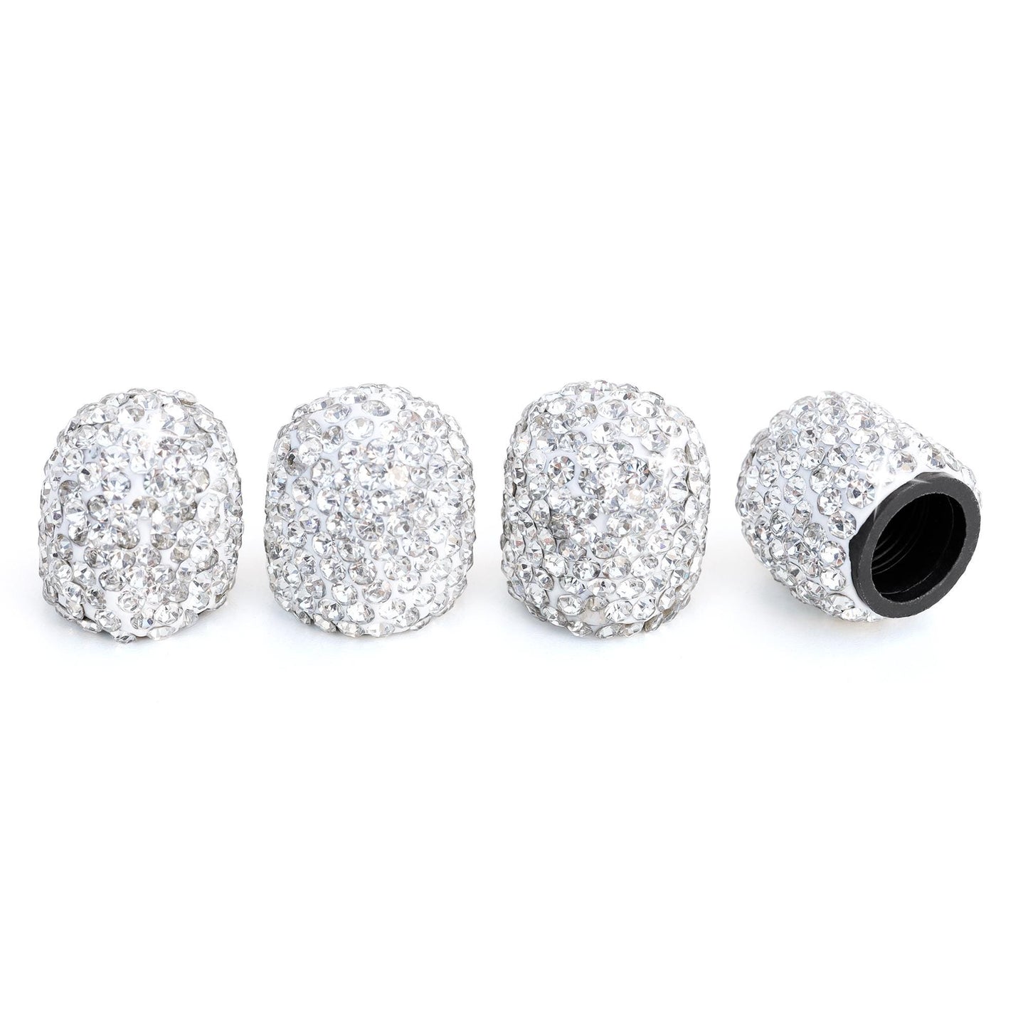 White rhinestone tire valve caps 4 pack installed on standard valve stems