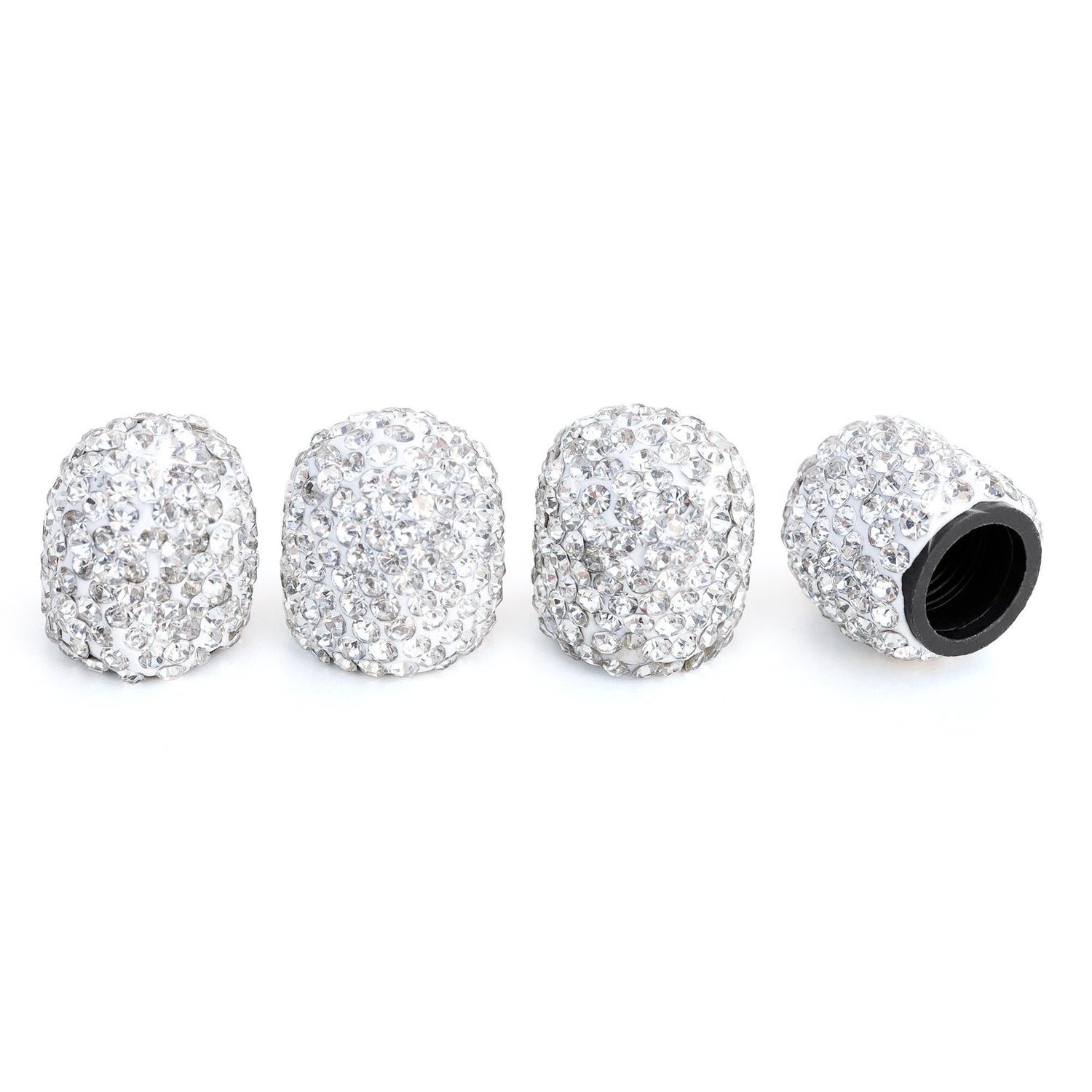 White rhinestone tire valve caps 4 pack installed on standard valve stems