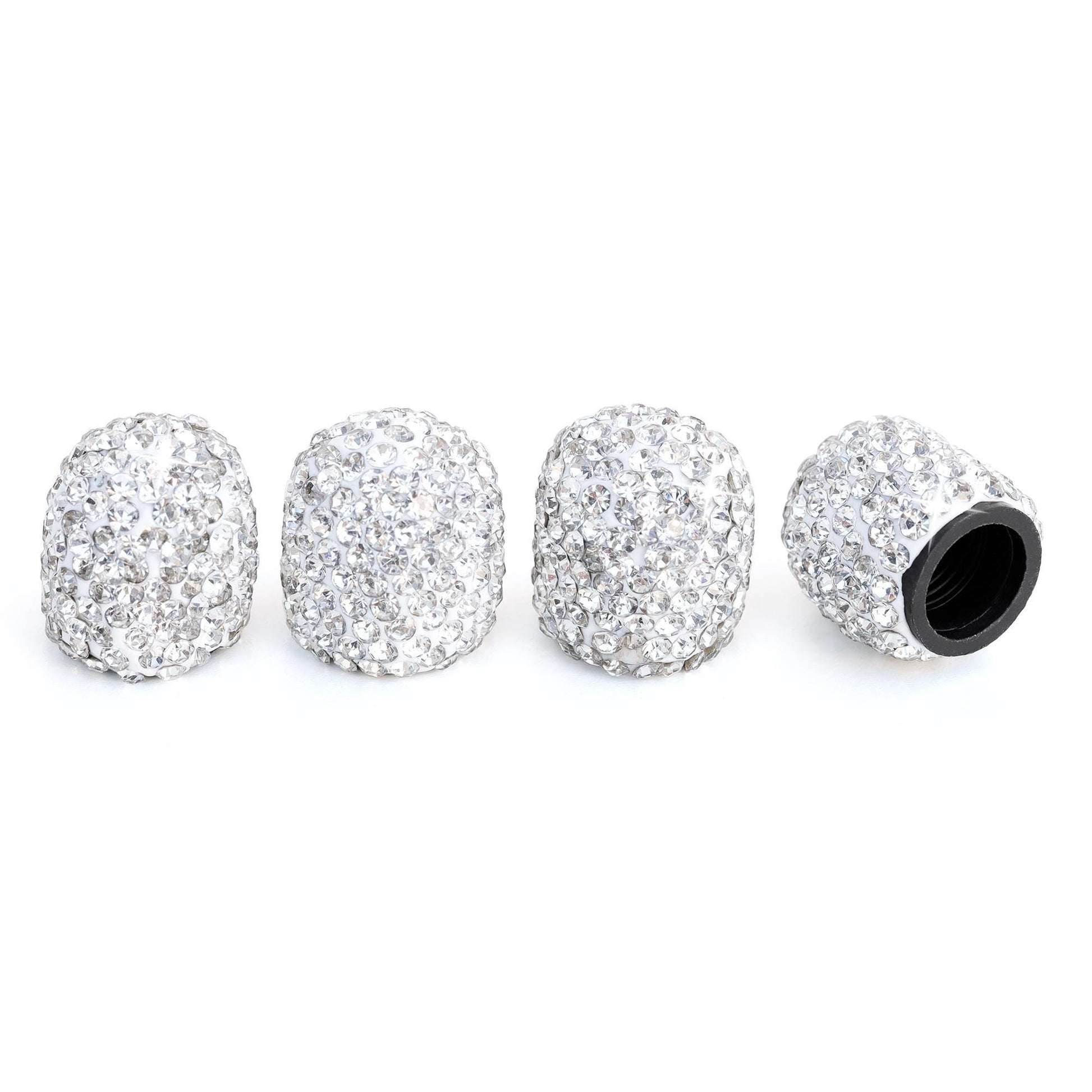 White rhinestone tire valve caps 4 pack installed on standard valve stems