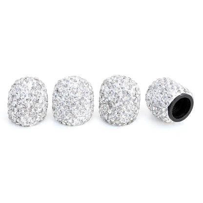 White rhinestone tire valve caps 4 pack installed on standard valve stems