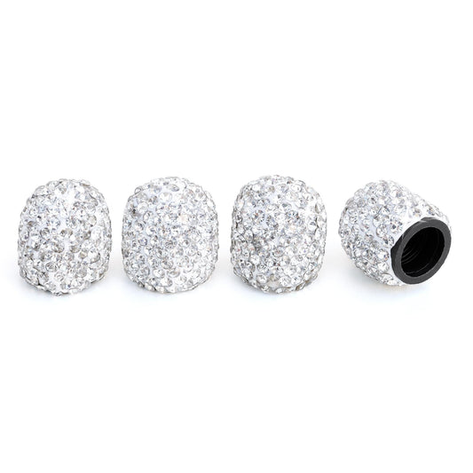 White rhinestone tire valve caps 4 pack installed on standard valve stems