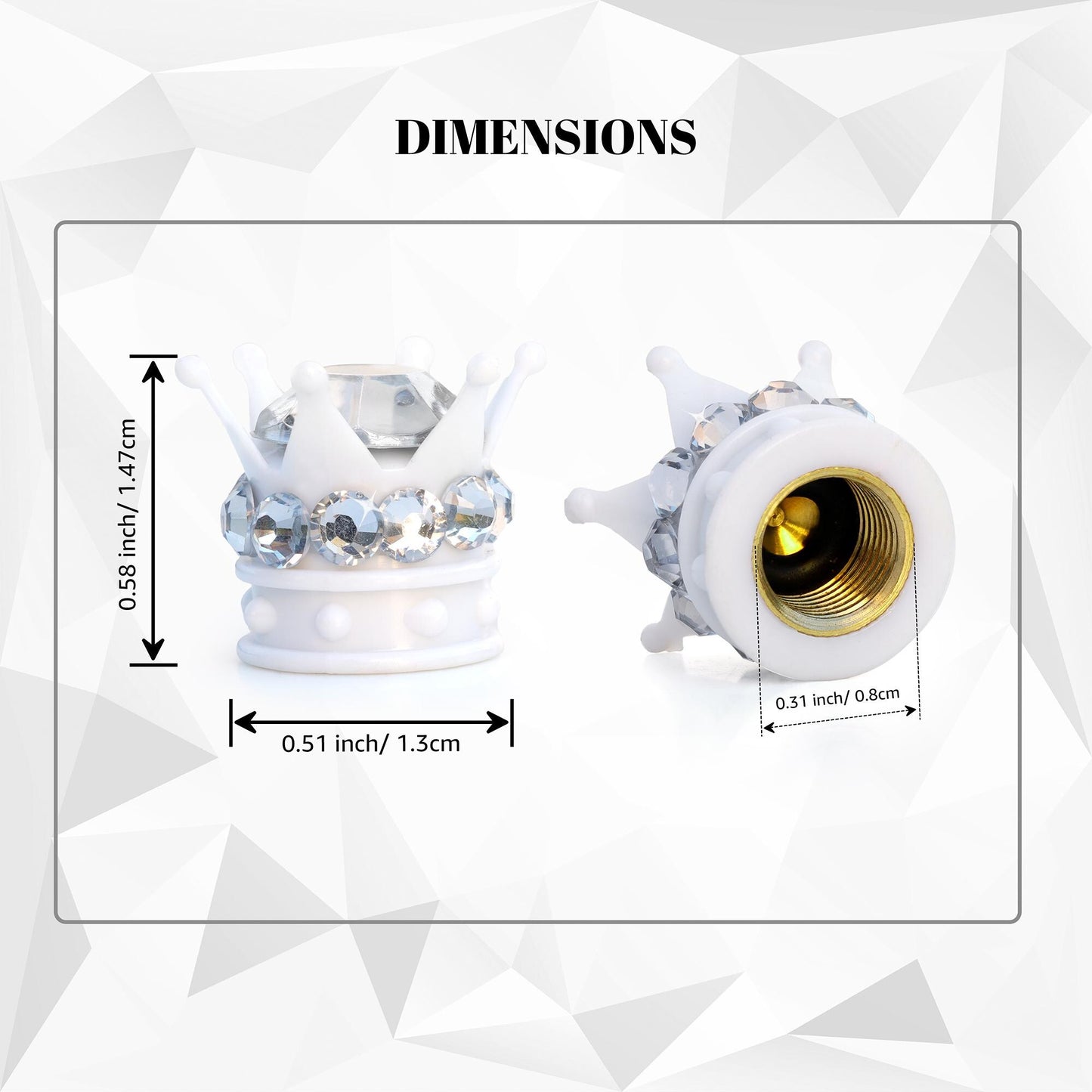 White crown tire valve caps dimensions showing size and fit
