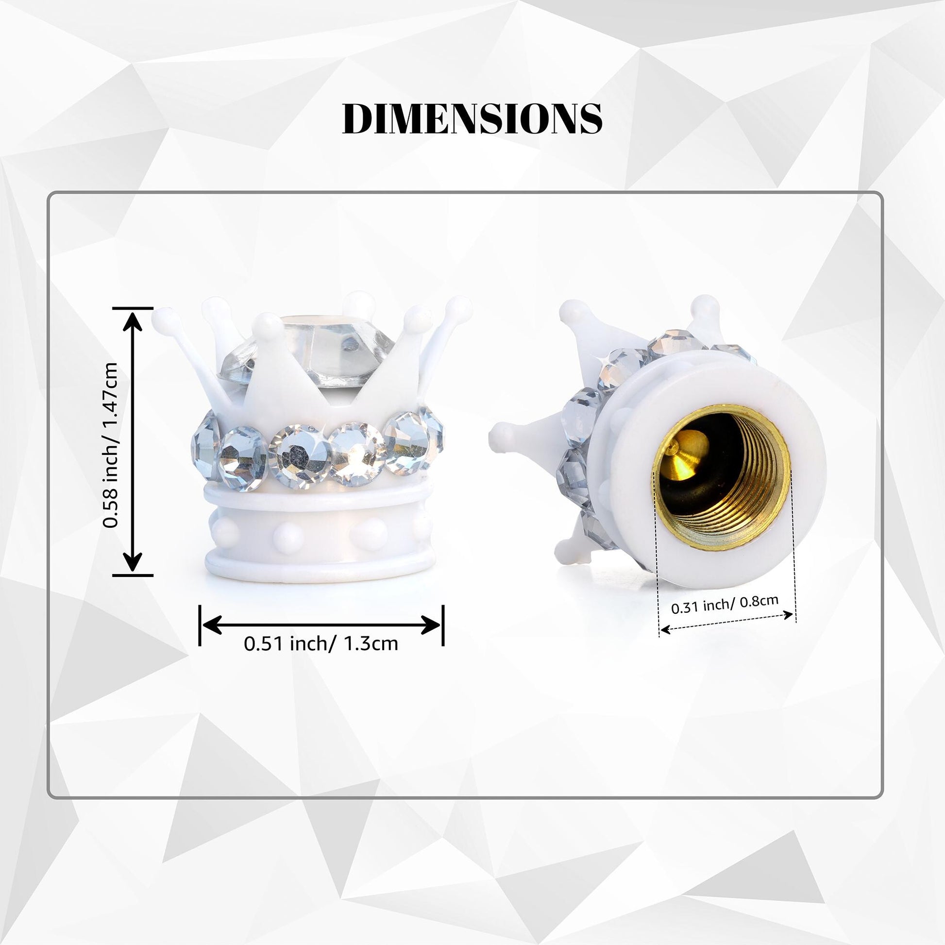 White crown tire valve caps dimensions showing size and fit

