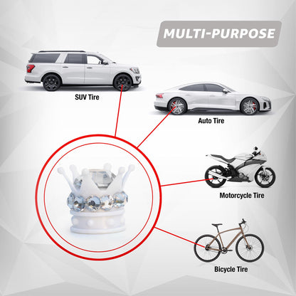 White crown tire valve caps compatible with cars SUVs motorcycles and bikes
